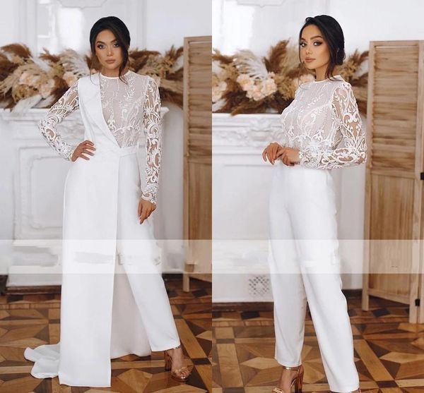 Abito da sposa in pizzo pieno tuta con mezza giacca 2022 Modest Jewel Neck Outdoor Boho Abiti da sposa Completo pantalone