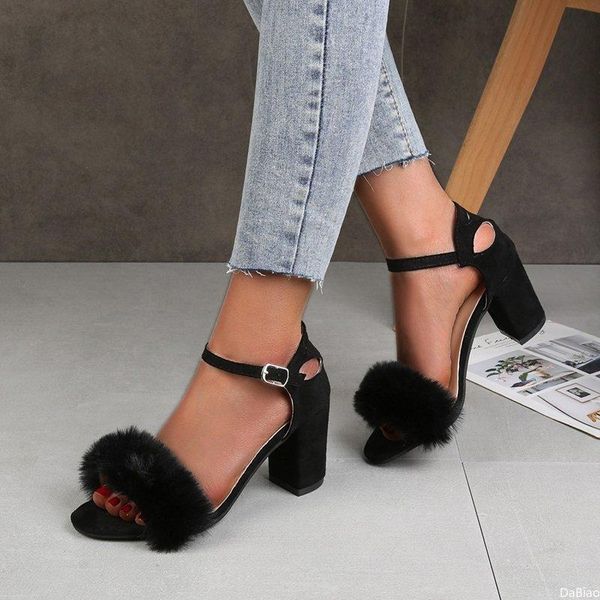 

sandals summer women pumps t-stage fur buckle strap platform open toe dancing high heel party wedding shoes mujer, Black