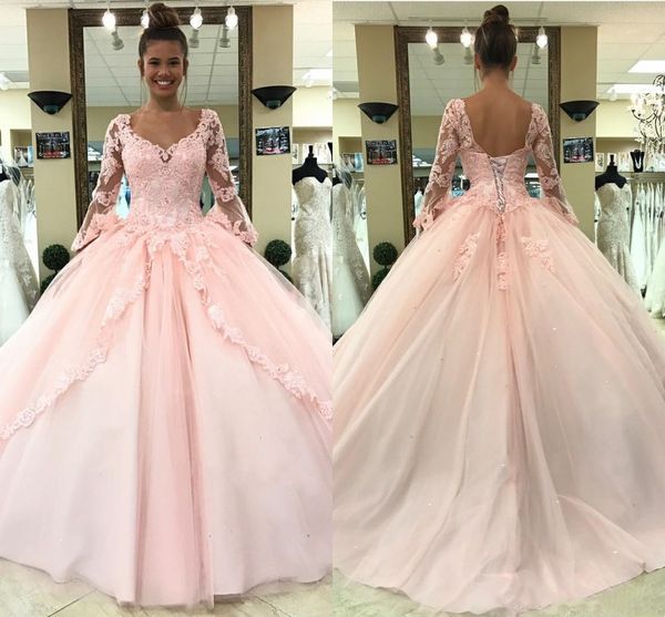 

v neck quinceanera dresses long sleeves applique lace up back sweet 16 prom party banquet dress tulle bridal gowns, Blue;red