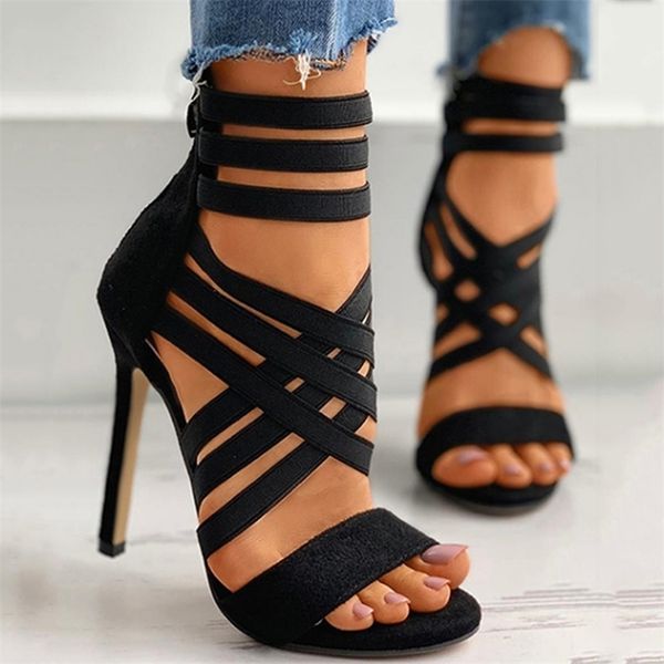 

summer women pumps criss cross bandage sandals high thin heels pointed toe gladiator party female prom shoes 210907, Black