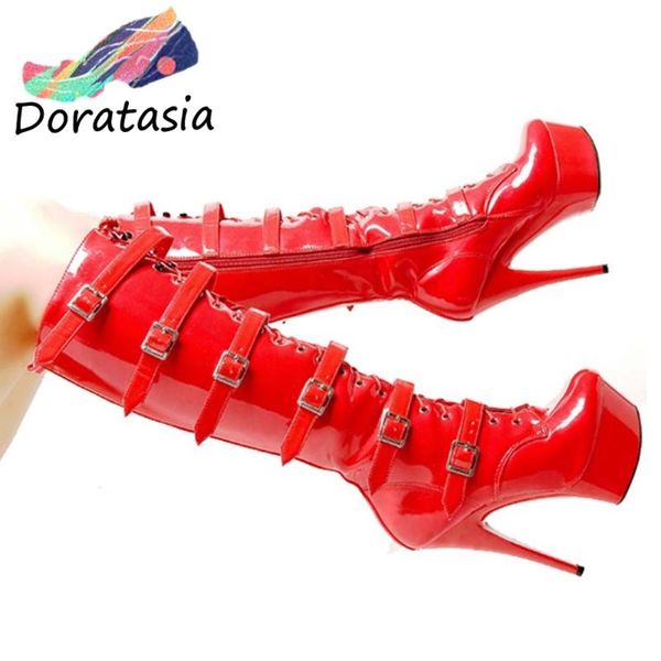 

boots doratasia women punk cool buckle party platform shoes solid lace up mid calf, Black