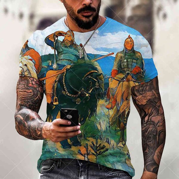 

2021 summer fashion new 3d t-shirt trend color painting horse riding printing men's casual sweatshirt qj2d, White;black
