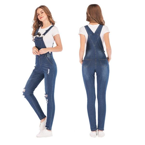 

women's jeans fashion women suspender pants woman waisted wide leg denim ripped straight bib overalls female streetwear, Blue