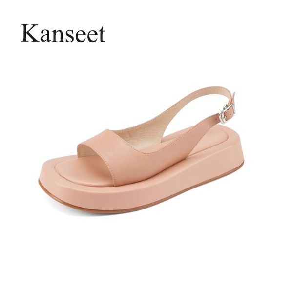 

sandals kanseet flats women shoes 2021 summer concise open-toed casual genuine leather handmade round toe comfort flat, Black