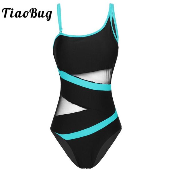 

one-piece suits women swimsuit 2021 fashion one shoulder sleeveless mesh patchwork padded push up monokini beachwear swimwear bathing s