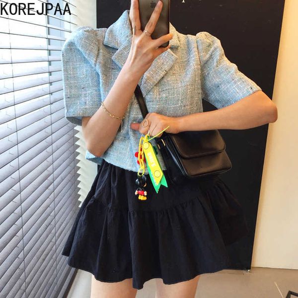 

korejpaa women sets summer korean chic french suit collar check edging button puff sleeve jacket high waist puffy skirt 210526, White