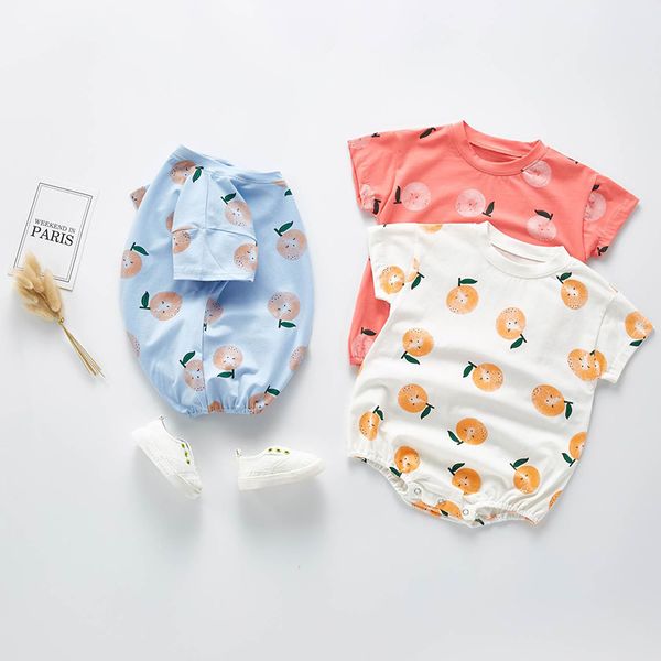 Bebek Güzel Tulumlar Giysi Kore Bodysuit Pamuk Limon Kısa Kollu Paketi Yağ Tırmanma Çocuk T-shirt Meyve Mutlu 210429