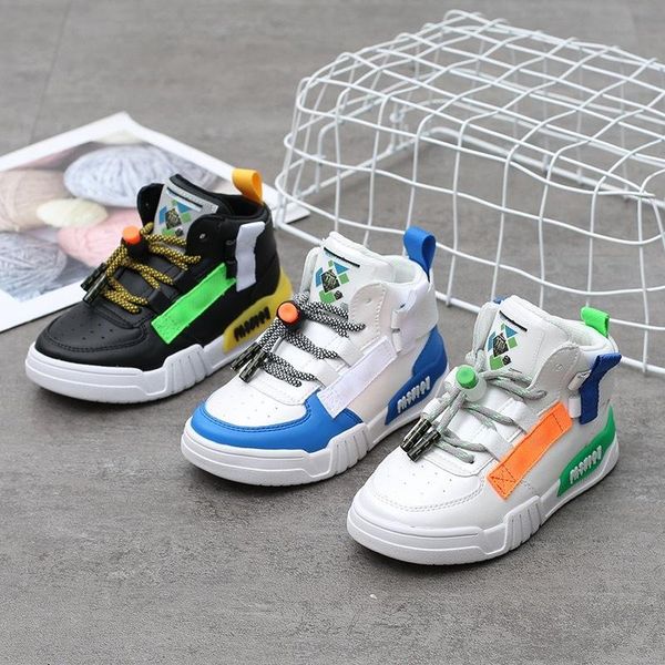 

sneakers spring 2021 boys girls high fastening lace-up toddler/little/big kid fashion trainers children casual leather shoes, Black;red