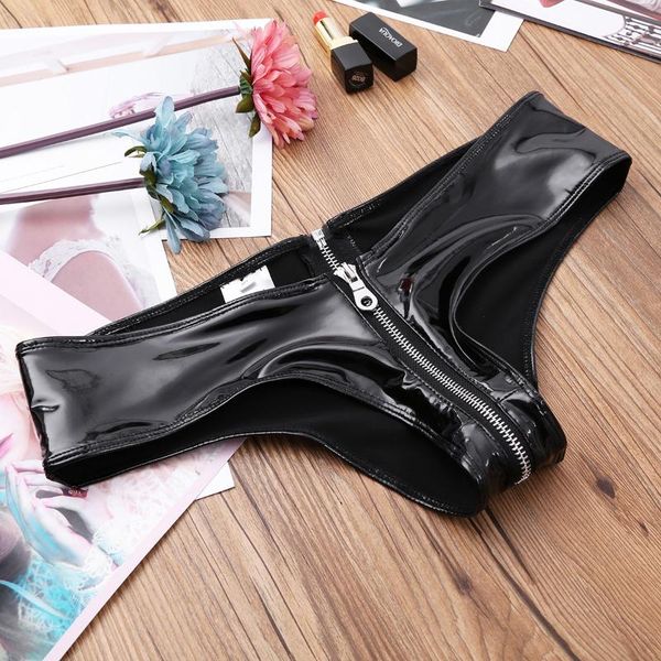 

women zipper crotch wet look briefs panties underpants lingerie shiny black pu leather thongs bikini erotic underwear women's, Black;pink