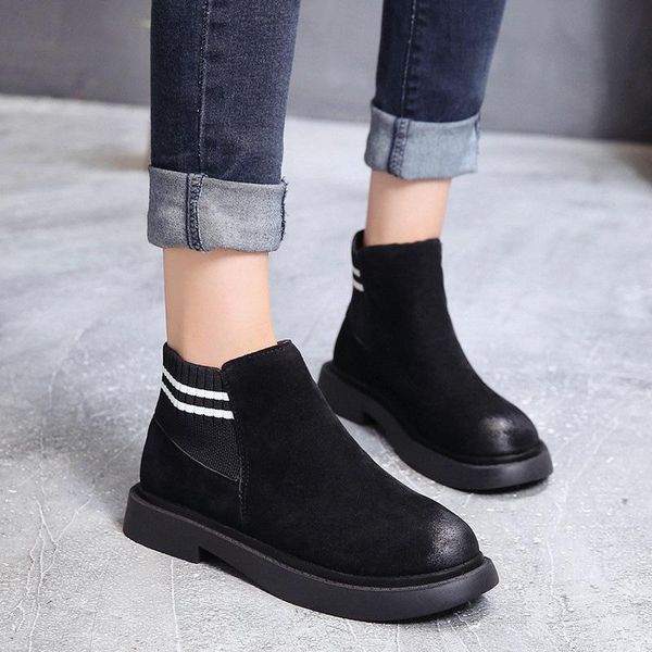 

retro flock boots women shoes woman 2021 autumn short ankle square low heels round toe slip on plus size, Black