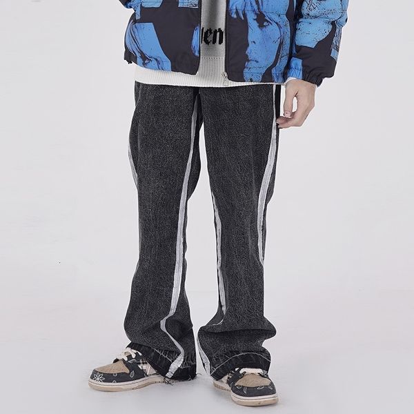 

hip-hop retro flared pants men washed side striped wide leg casual denim trousers oversize streetwear loose jeans pants, Black