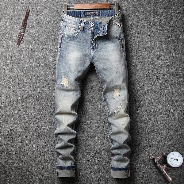 

brand style 2021 men jeans light blue slim fit patchwork ripped vintage designer homme men's