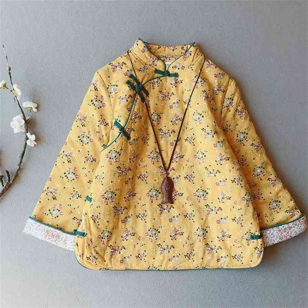 

autumn winter arts style women long sleeve vintage button cotton padded coat linen loose warm print jacket s49 210512, Black