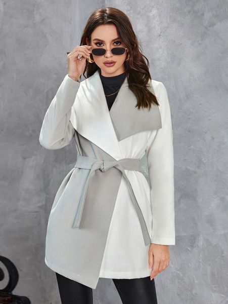

color block waterfall collar belted overcoat v4gd#, Black