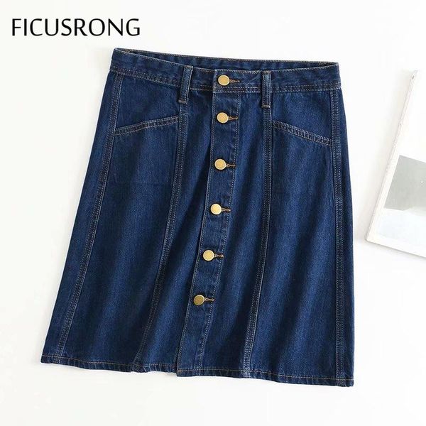 

skirts ficusrong women single-breasted jeans 2021 summer female streetwear cotton knee-length natural straight solid denim skirt, Black