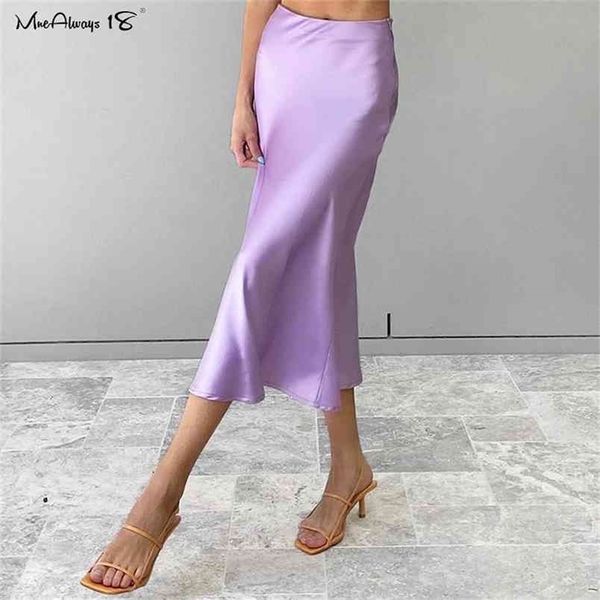 Mnealways18 Сплошная фиолетовая атласная шелковая юбка Женщины Высокие талии Летние длинные элегантные дамы Office S MIDI Spring 210702