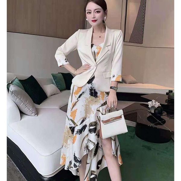 

women's trench coats temperament small fragrance suit slim fit spring and summer + irregular medium long suspender dress ol two-piece s, Tan;black