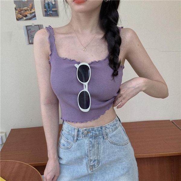 

korean version knitting thin inside with bottom coat short purple small suspender vest women's summer fashion camisoles & tanks, Black;white