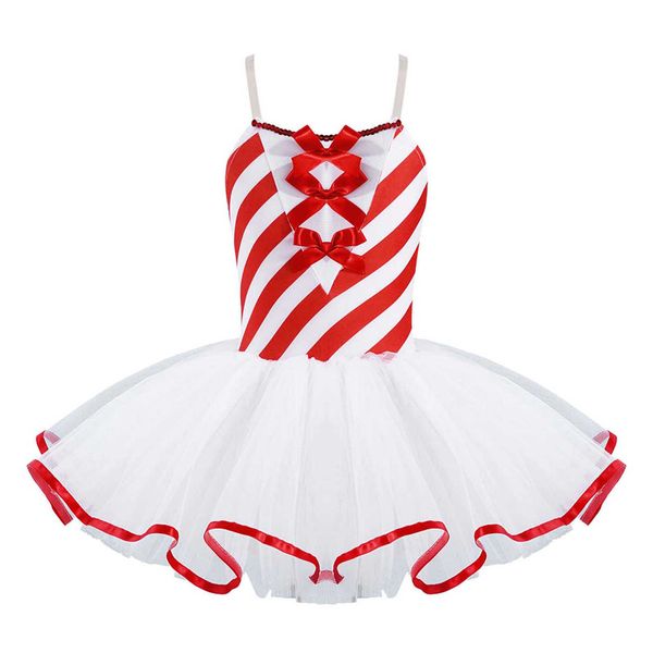 Palavras-chave sem mangas ajustáveis ​​bowknot tutu listrado vestido crianças meninas ginástica figura gelo vestido de dança de natal g1026