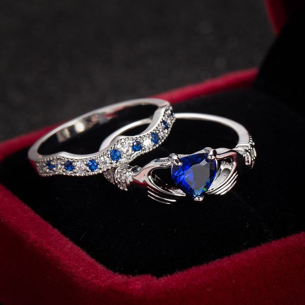 

hand ornamented double ring set blue zircon heart female, Slivery;golden