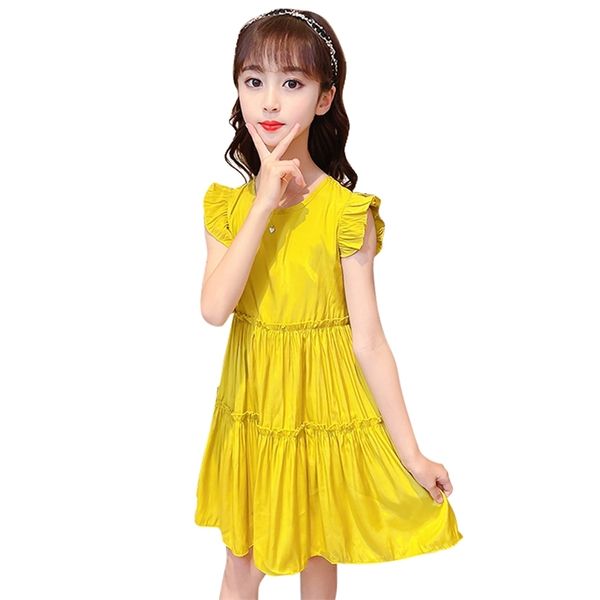 

kids dresses for girls solid color girl party ruffles children summer childrens clothing 6 8 10 12 14 210528, Red;yellow