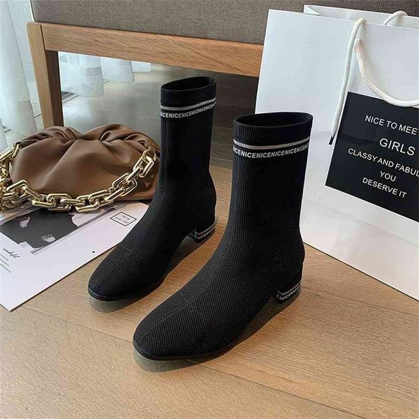 

stretch fabric socks boots women shoes mid-calf square heels riband leters breathtable sock shoe motorcycle boots wenshet, Black