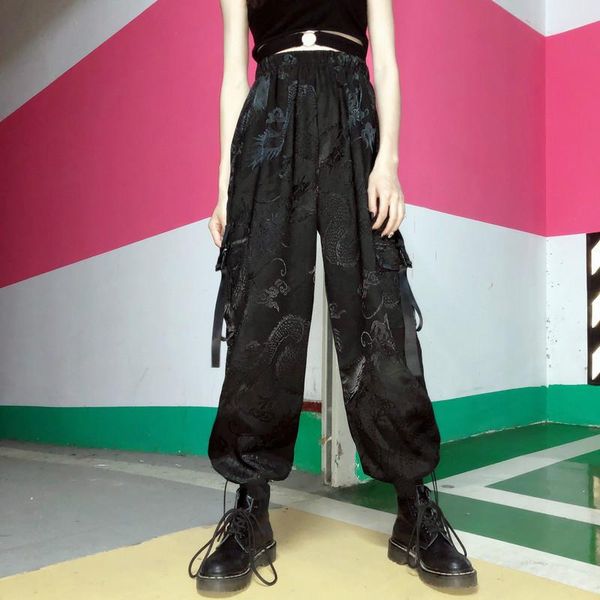 

women's pants & capris vintage chinese style 2021 dragon pattern harem trousers woman man causal solid clothes fashion hip-hop streetwe, Black;white