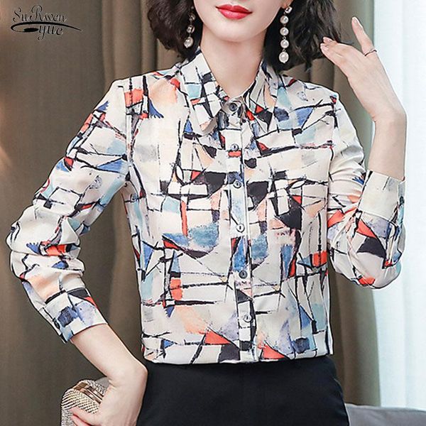 

silk shirt women's korean 2021 autumn long sleeve casual loose cardigan print women blouse and blusas mujer 10648 blouses & shirts, White