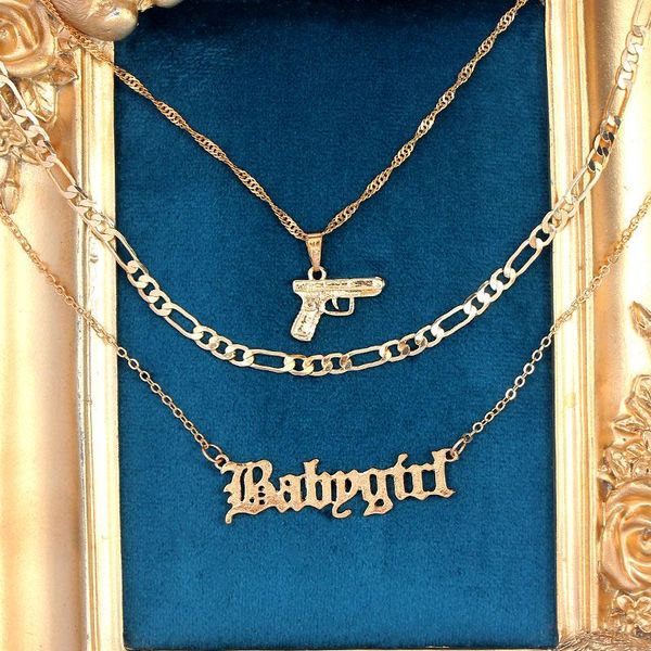 

chains personality pistol submachine pendant necklace for women men gold color metal long chain fashion punk jewelry, Silver