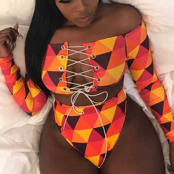 Sexy brasileiro biquíni mulheres maiô africano print bandage swimwear malha thong biquini conjunto de cintura alta maiô plus size 210604