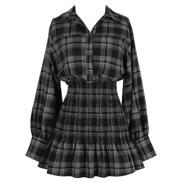 

casual dresses kawaii y2k plaid mini dress women gothic punk long sleeve high waist vestidos lolita e girl korean preppy style pleated, Black;gray