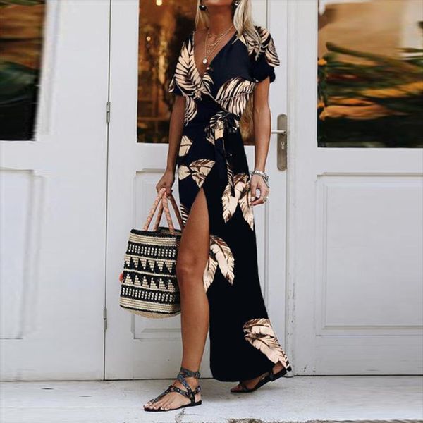 

summer v neck womens dresses wrap maxi autumn casual short sleeve beach party women elegant print high split long, Black;gray