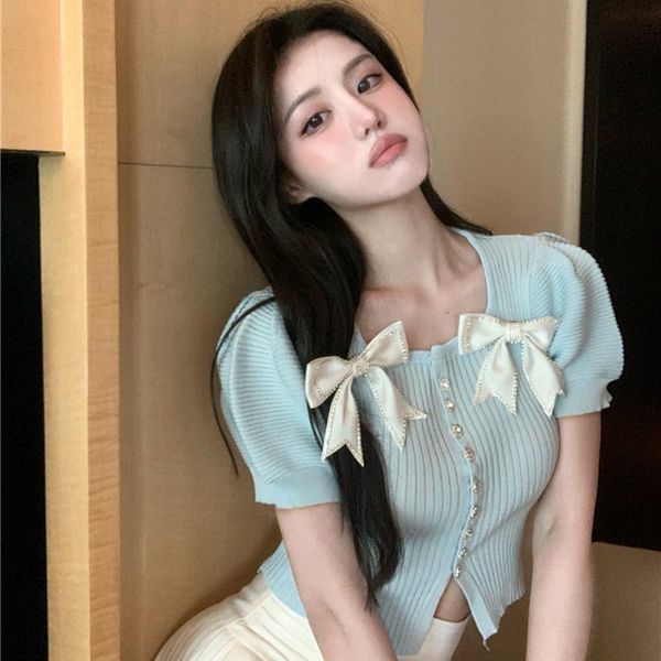 

women's knits & tees vintage elegant sweet bow knitted cardigan women 2021 summer fashion single breasted short sleeve crop street, White
