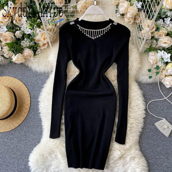 

casual dresses autumn winter knitted woman dress long sleeve o-neck black bodycon for women slim elasticity ladies sweater, Black;gray