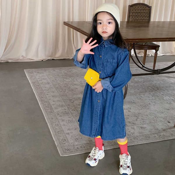 2021 Bambini Ragazze Vestiti Autunno Primavera Al Ginocchio DrCasual Gonne Manica lunga Risvolto Denim DrFashion Da 3 a 12 anni X0803