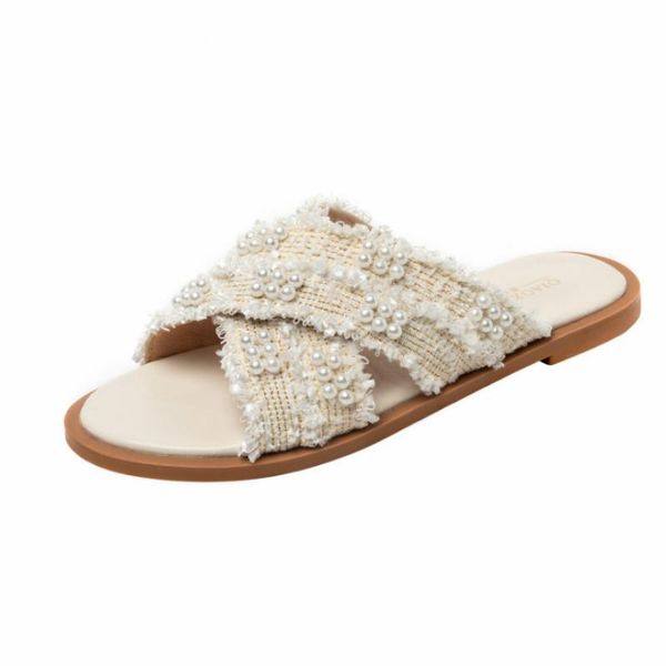 

slippers fashion sweet style pearl decorated summer shoes lady women soft thin soles flat beach sandals, Black
