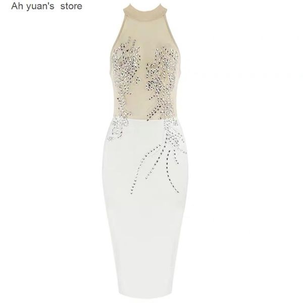 

casual dresses ah yuan wholesale 2021 women's dress beaded decoration black white mesh stitching perspective club party bandage, Black;gray