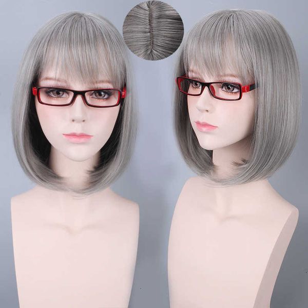 

main santa wig female short hair ffy trim bobo head smoky grandma grey, Black
