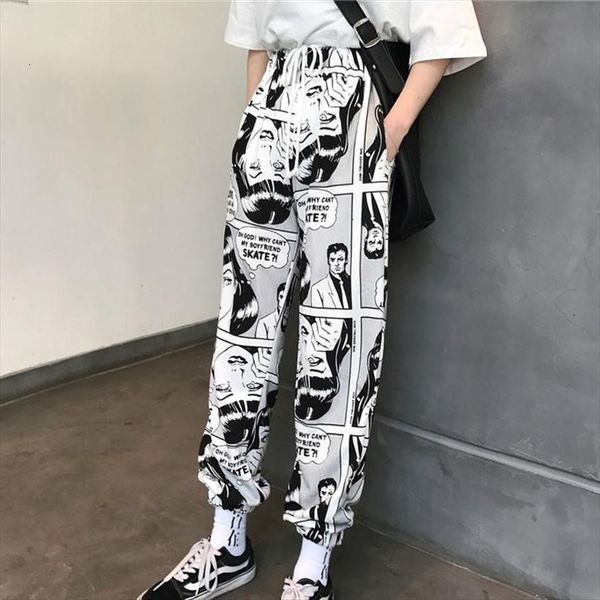 

loose sports casual beam womens capris foot harem comics printed joggers mens hip hop trousers, Black;white