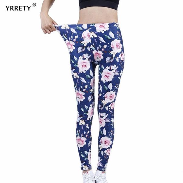 

women's leggings yrrety sport legging women fitness running gym slim pants high waist push up stretch workout navy pink flowers printed, Black