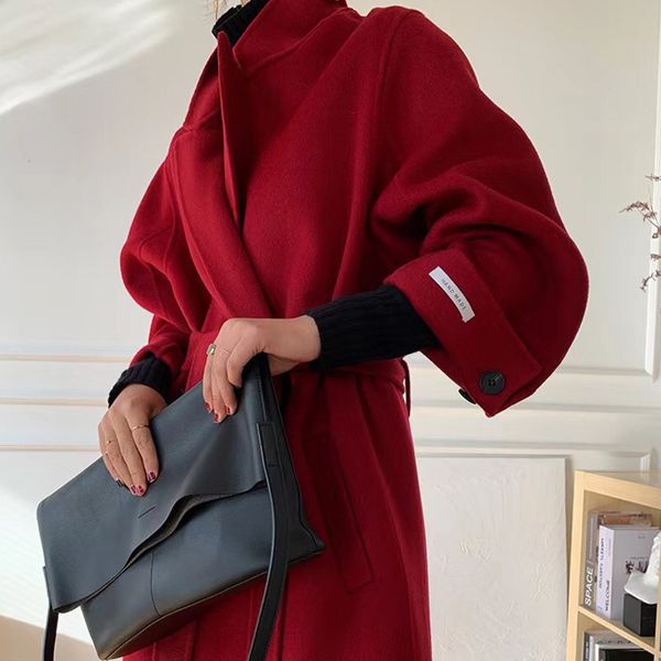 

wool women's clothing korean version of pure color woolen temperament mid-length coat, Black