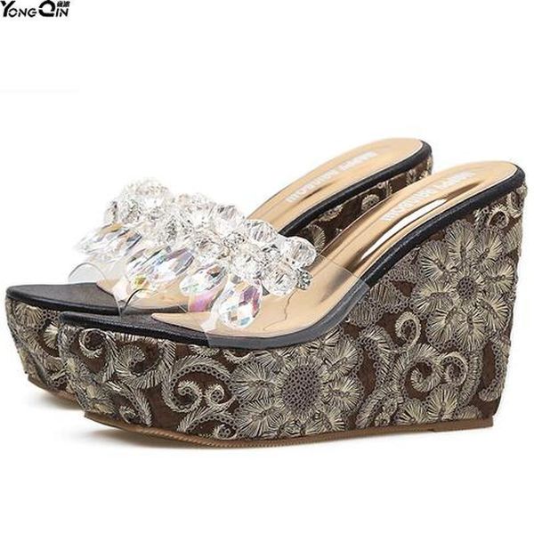 

wild rhinestone beads embroidered pumps shoes wedge high-heeled sandals women, Black