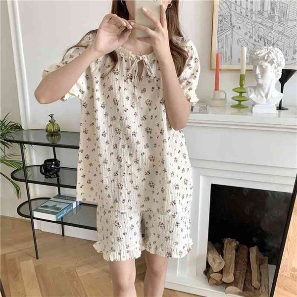 

women's sleepwear casual femme soft florals chic 2021 summer cotton yarn loose two piece suit sweet printed homewear pajamas sets, Black;red