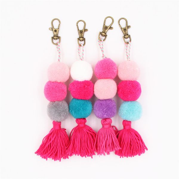 

10pcnew bohemia sweety pink color gradient ramp pompom keychain bag charm diy jewelry for girls, Silver