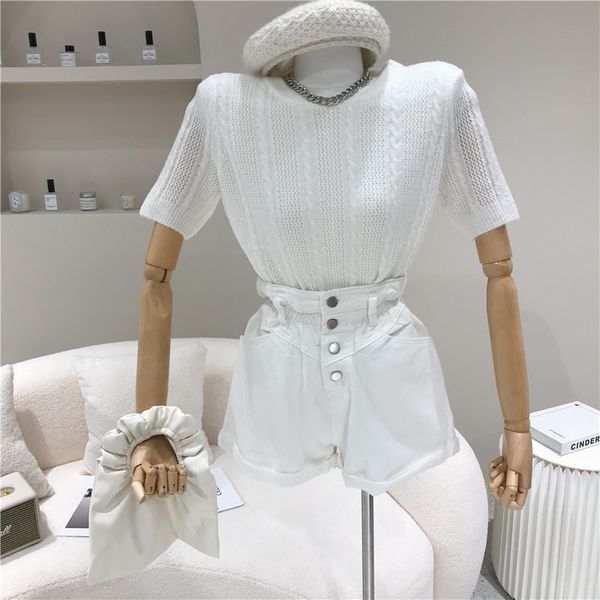 

sweaters spring women will see niche fashion design thin around the neck short sleeve cut half knitted shirt, White;black