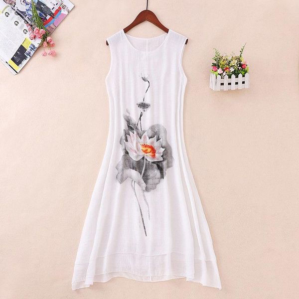

women 2021 summer fashion casual loose vest dresses female cotton linen o-neck dress ladies print sleeveless vestidos l02, Black;gray