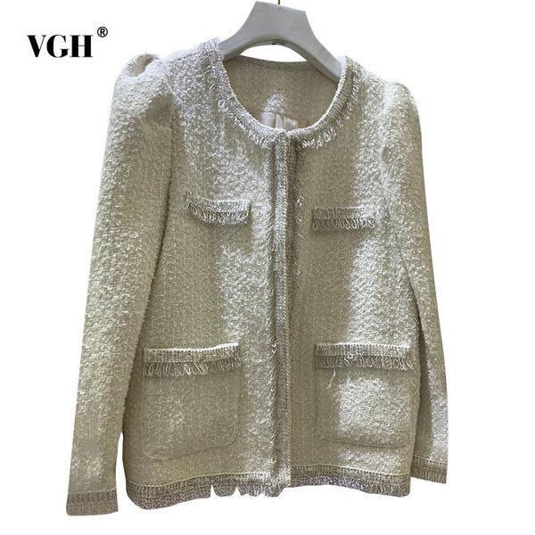 

women's jackets vgh white elegant patchwork tassel dual pocket women coat round neck long sleeve korean fashion female autumn 2021 styl, Black;brown