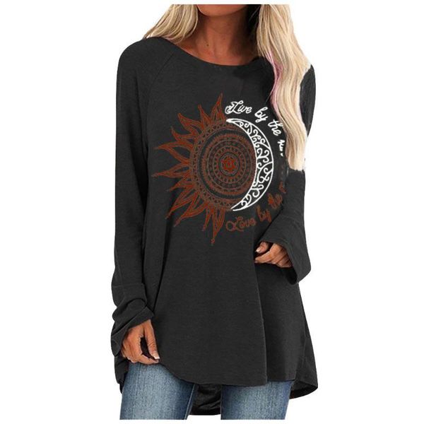 

40# harajuku tunics shirts women casual loose plus size blouse shirt sun print o neck long sleeve pullover camisas, White