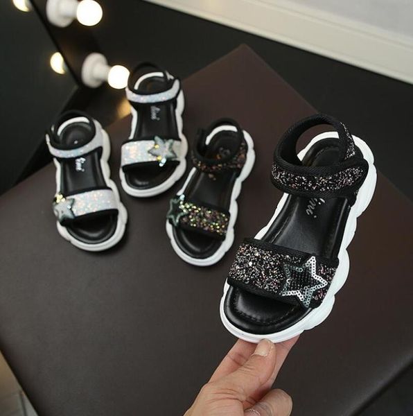 

sandals girls 2021 summer star sequins princess kids sports shoes bling open toe children beach, Black;red