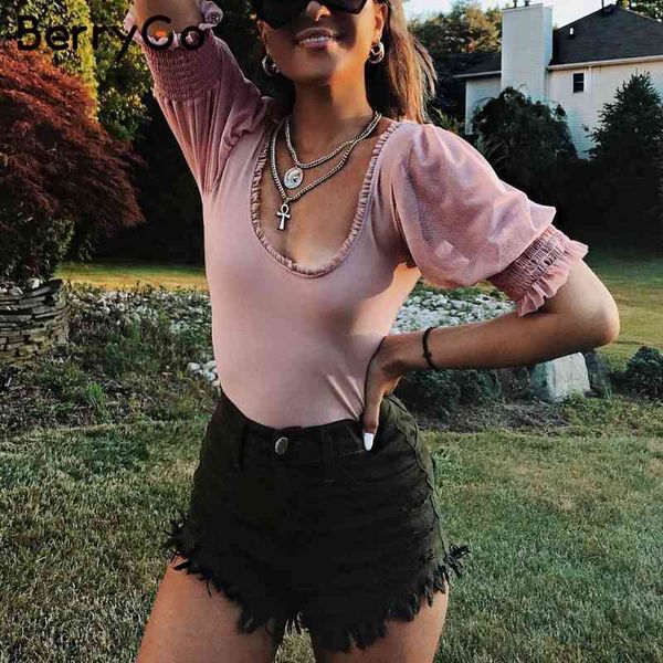 

berrygo women bodysuits summer bodycon rompers short puff sleeve chiffon shirt bodysuit ladies t playsuit 210513, Black;white
